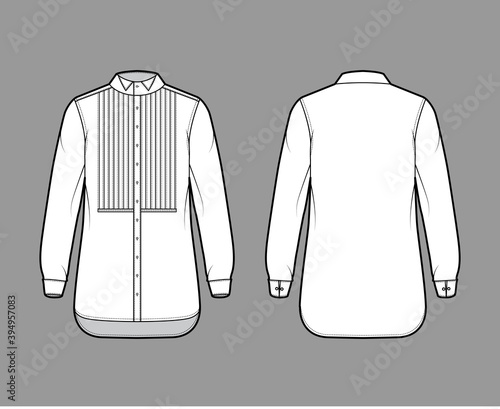 Shirt tuxedo dress technical fashion illustration with pleated pintuck bib, long sleeves with french cuff, wing collar, relax fit. Flat template front back white color. Women men unisex top CAD mockup