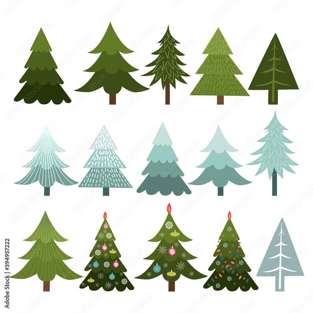Collection of Christmas trees isolated on white background, vector
