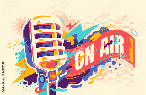 Abstract colorful background with retro microphone. Vector illustration.
