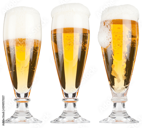 Large lager beer fill up sequence in a row, isolated on white.