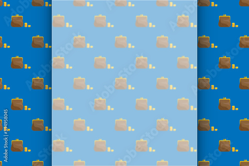 Retro leather wallet with a stack of gold coins. Background for inscriptions, text and lettering. White blurred frosted glass effect