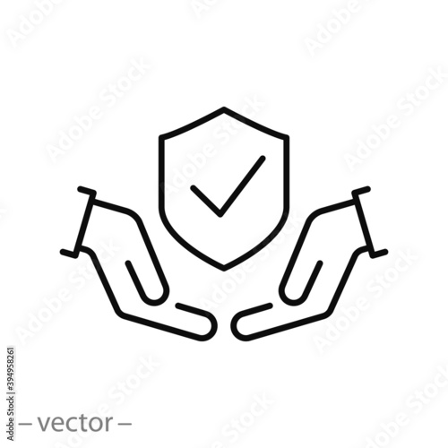 quality assurance icon, insurance concept, safety and protect shield, guarantee tick, guard logo, thin line symbol on white background - editable stroke vector illustration eps 10