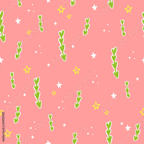 Vector seamless pattern cute minimalistic childish womens with leaves and stars on a pink background. A cute, eye-catching doodle concept suitable for printing on fabrics for home wear, sleepwear and  photo