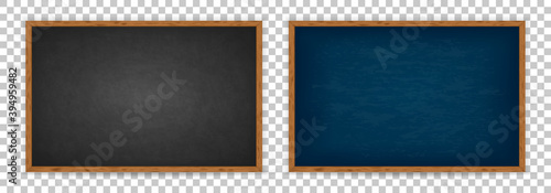 Realistic chalkboard with wooden frame isolated on transparent background. Chalkboard set for design. Rubbed out dirty chalkboard. Empty black, blue blackboard for classroom or restaurant menu. Vector
