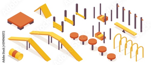 Isometric collection of dog agility training equipment isolated on white background. Orange and yellow objects good for outdoor pet school design