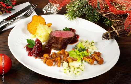 Roe Deer Fillet with Vegetables on Cranberry Sauce for Christmas photo