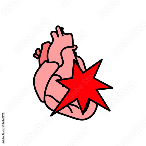 Human heart icon, stroke, myocardial infarction, pain, bleeding, vector flat illustration.