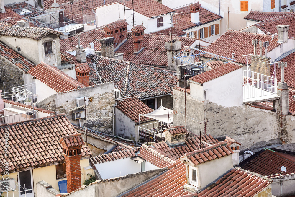 Roofs . View of the tiled roof tops and scenic skyline of the Old Town of Dubrovnik, taken from on top of its surrounding wall, Roofs . View of the tiled roof tops and scenic skyline of the Old Town of Dubrovnik, taken from on top of its surrounding wall,
