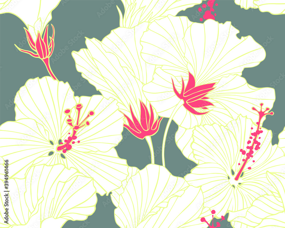 Seamless pattern with flowers of hibiscus. White blossoms with yellow outlines on gray. Repeating texture. A drawing with ink contours of plants. Tropical trendy exotic floral background.