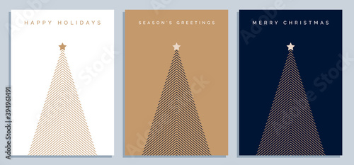 Set of Christmas Card Designs with Simple Geometric Christmas Tree Illustration. Modern Luxury Christmas Cards with Merry Christmas, Season's Greetings, Happy Holidays Text. Vector Design template. 