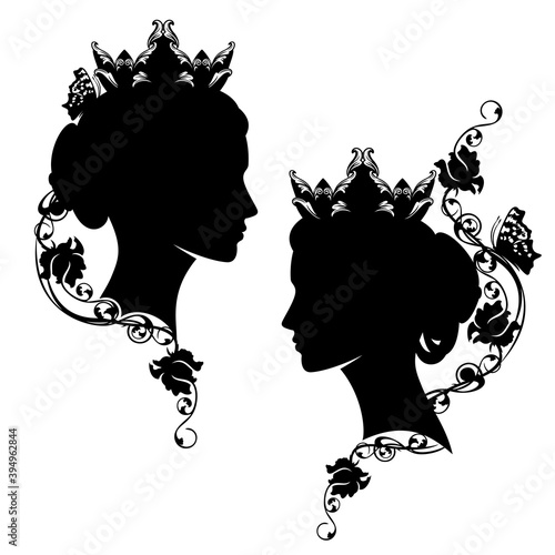 medieval fairy tale queen or princess with rose flowers and butterfly black and white vector silhouette portrait