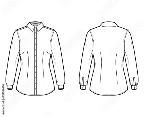 Shirt fitted technical fashion illustration with long sleeves with cuff, slim fit, darts, button-down, regular collar. Flat template front, back white color. Women men unisex top mockup