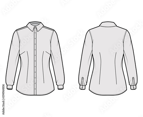 Shirt fitted technical fashion illustration with long sleeves with cuff, slim fit, darts, button-down, regular collar. Flat template front, back grey color. Women men unisex top mockup