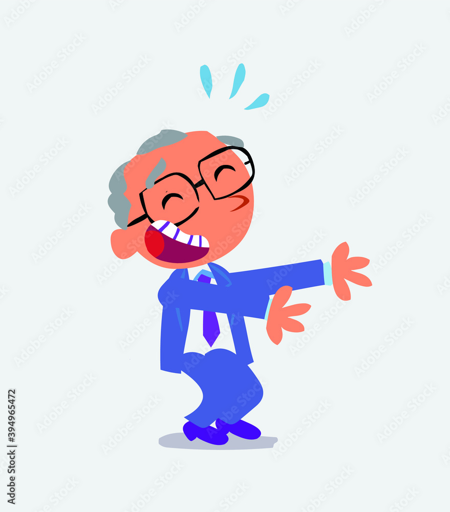 cartoon character of businessman laughing a lot while showing something