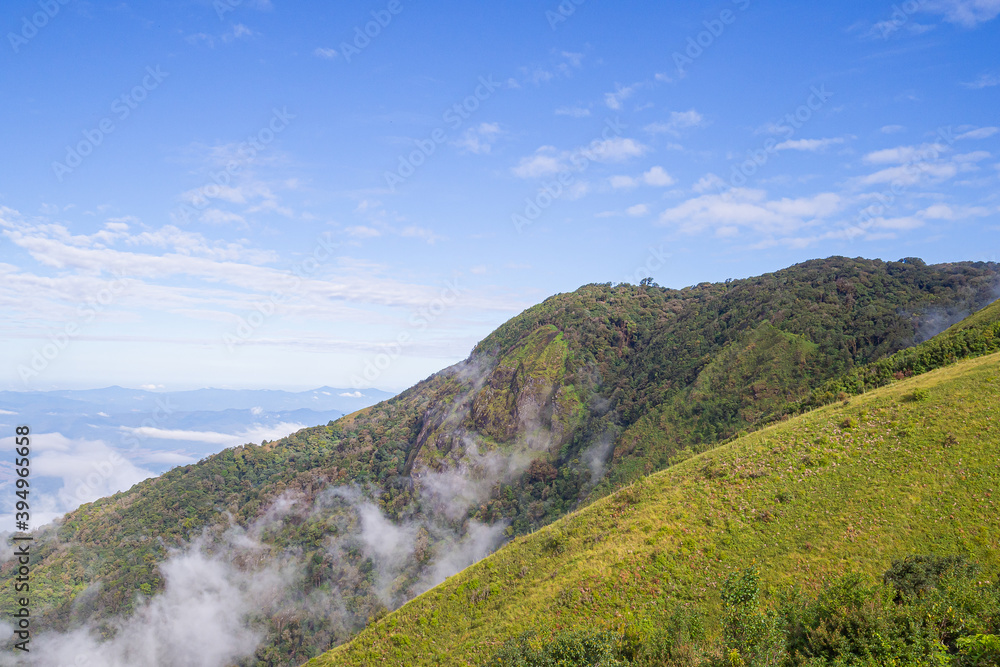 Beautiful scenic view of mountains and clouds against the sky in Kew Mae Pan nature trail at Doi Inthanon, Chiang Mai, Thailand. Famous tourist attractions of Thailand. Concept of holiday and travel