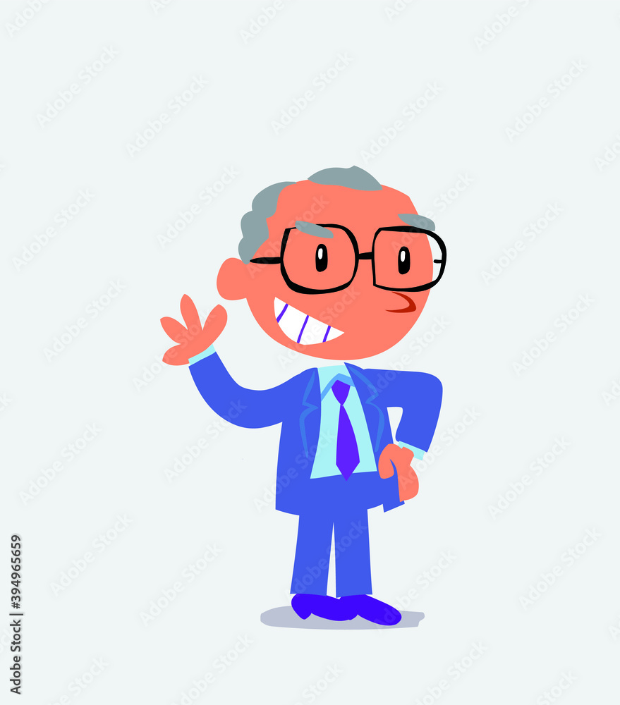  cartoon character of businessman waving while smiling.
