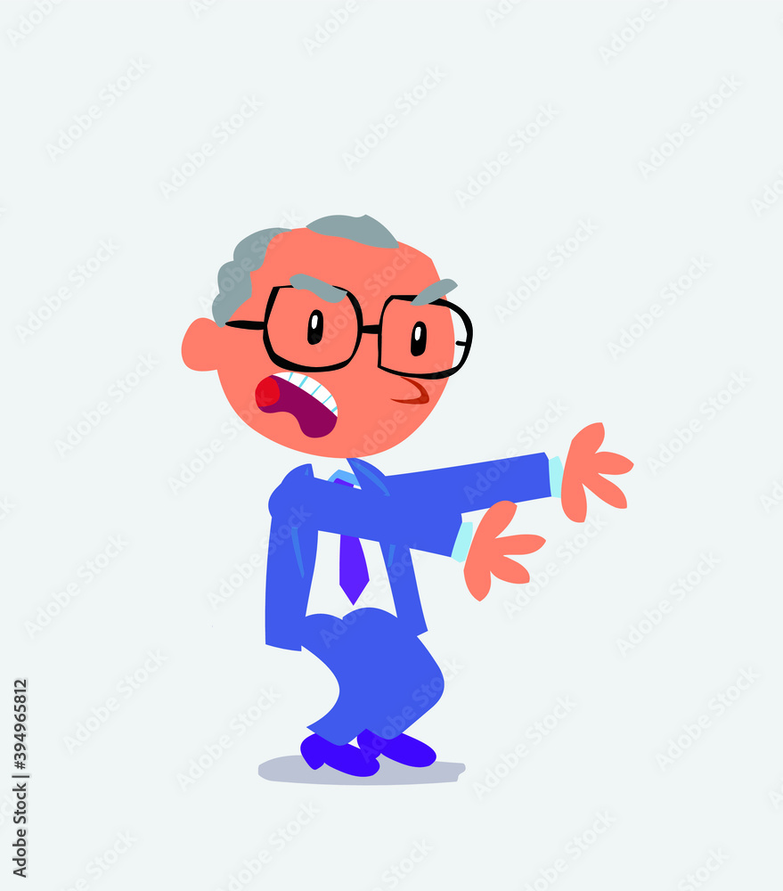 Very angry cartoon character of businessman pointing at something at side