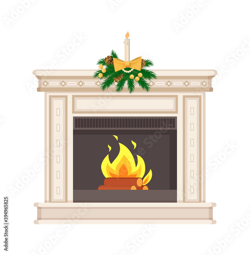 Fireplace in classic style decorated for winter holiday vector. Christmas celebration, aroma candle standing on shelf, burning wood logs wooden material