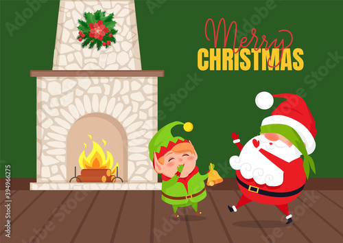 Merry Christmas greeting card vector, Eve playing game with Santa. Claus with blindfolded searching Pixie near burning fireplace adorned chaplet on top