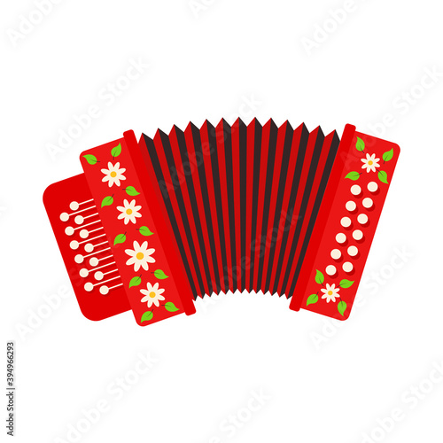 Red accordion, drawing khokhloma, icon isolated. Russian tradicional music instrument. Cartoon flat style. Vector illustration.