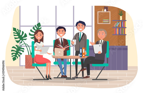 Team of office workers, smiling businesspeople, teamwork, group of people, cheerful woman with document, happy man holding book, boss and employees, colleagues, managers team, business meeting