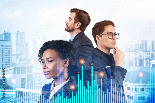 Canvas Print Group of business colleagues in suits as a part of multinational corporate team working on forecasting trading corporate strategy at fund