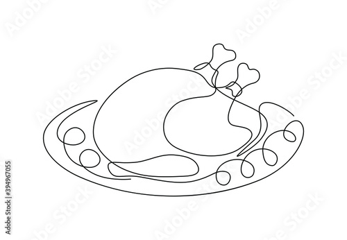 One continuous line drawing of roasted turkey for restaurant menu. Traditional food for festive season, holiday celebration concept, roasted chicken for cafe logo. Modern vector illustration