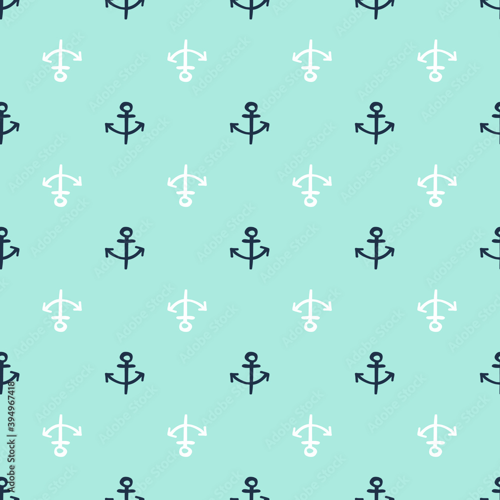 Seamless anchor pattern - simple minimalistic maritime design. Dark blue and white upsite down anchor on light blue. Hand drawn vectors for fabrics, fashion, wallpaper, bed linen, wrapingpaper