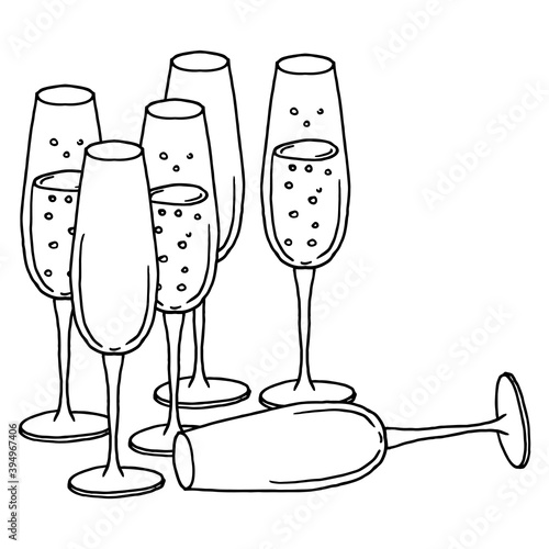 Glass of champagne. Vector illustration of glasses with champagne for Christmas. Hand drawn.