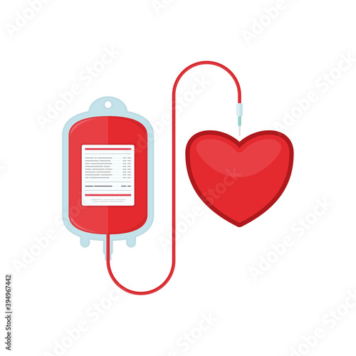 Blood donation plastic bag with tube in flat style and heart. Donate blood concept. Medical background. Vector illustration. EPS 10.