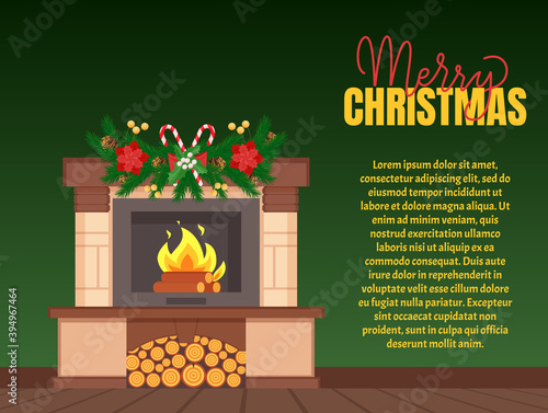 Luxury brown fireplace with pilasters, ornaments and lattice vector closeup. Vintage heater with burning fire and column patterns, brown home mantelpiece