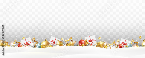 Border with red balls, stars, lights isolated on transparent background. Decorative xmas seamless banner. Vector Christmas garland, gift boxes and snow decoration pattern