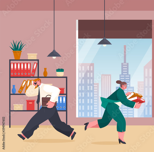 Chaos in office. Unorganized office workers in panic. People stressing, solving difficulties, problems. Workers and failure deadline. Man with phone calling, woman with folders, people running