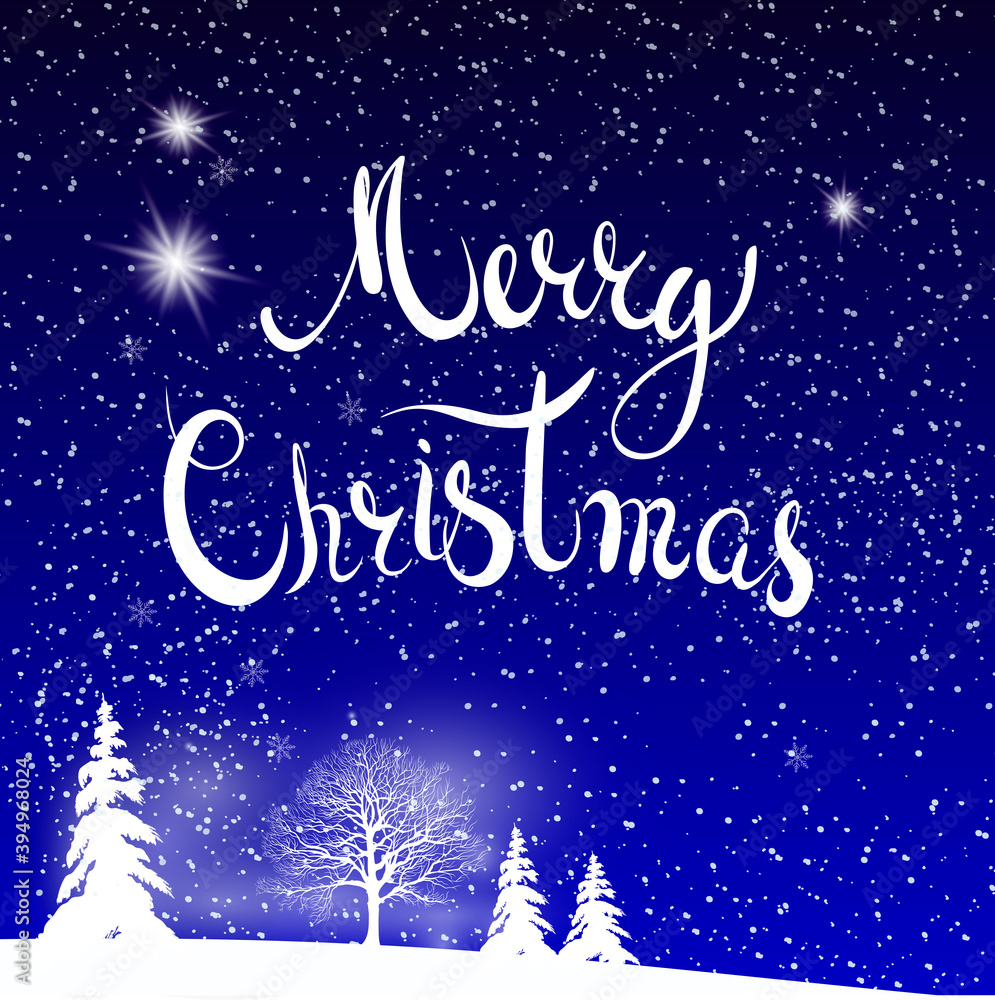 Merry Christmas night landscape. vector holiday background. Greeting design. Hand letterind for card, banner, poster.