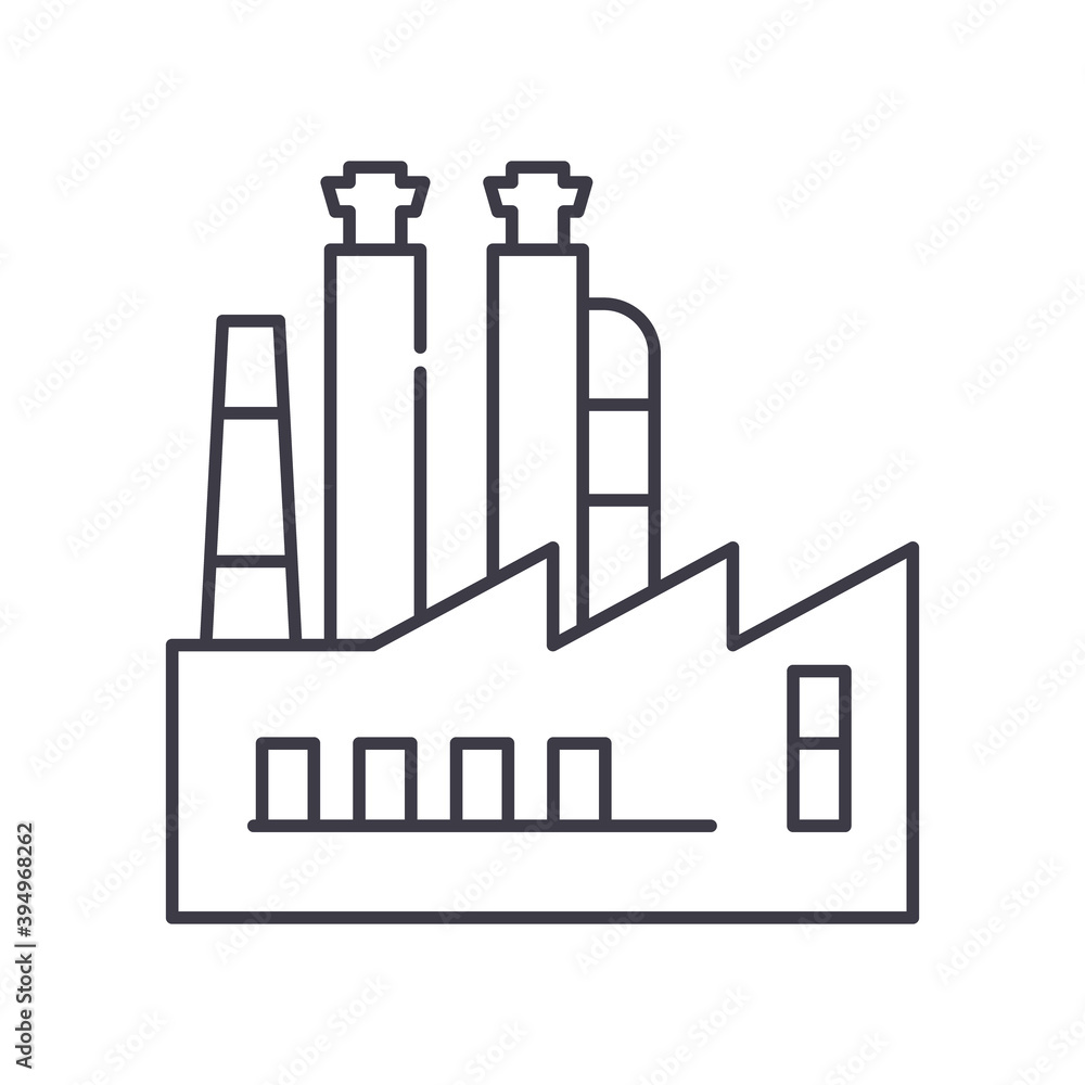 Factory concept icon, linear isolated illustration, thin line vector, web design sign, outline concept symbol with editable stroke on white background.