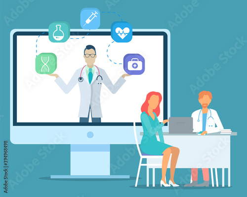 Doctor holding web icons at screen of computer. Medicine icons for website dna, flask, syringe, heart, cardiogram, first aid. Patient woman sitting with doctor, physician, therapist, table with laptop