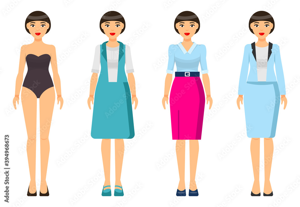Cartoon characters. Woman brunette with short haircut wearing different clothes. Girl in underwear. Businesslady wear business and home dress, skirt and blouse, office suit with jacket. Set of clothes Cartoon characters. Woman brunette with short haircut wearing different clothes. Girl in underwear. Businesslady wear business and home dress, skirt and blouse, office suit with jacket. Set of clothes
