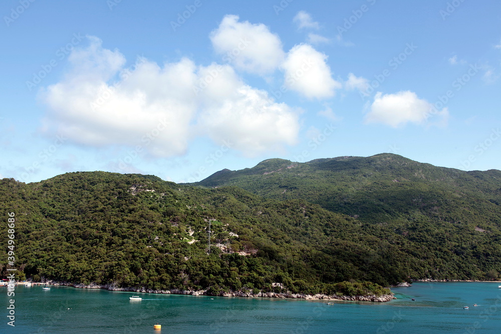 The beauty of the port of Labadee in Haiti's iland, clear vision with high mountains with tropical forest present trees and special animals.Dense and evergreen vegetation.