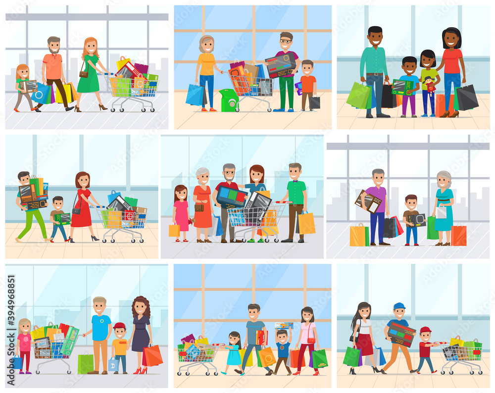 Family shopping day, parents and children carrying purchase. Smiling man and woman holding colorful packages and box, cart with bags, shopper vector