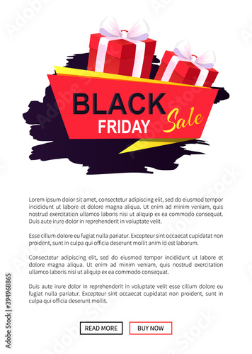 Black Friday sale, banner with presents in boxes vector. Discounts and special prices, reductions and surprises, autumn sellout on web poster with text