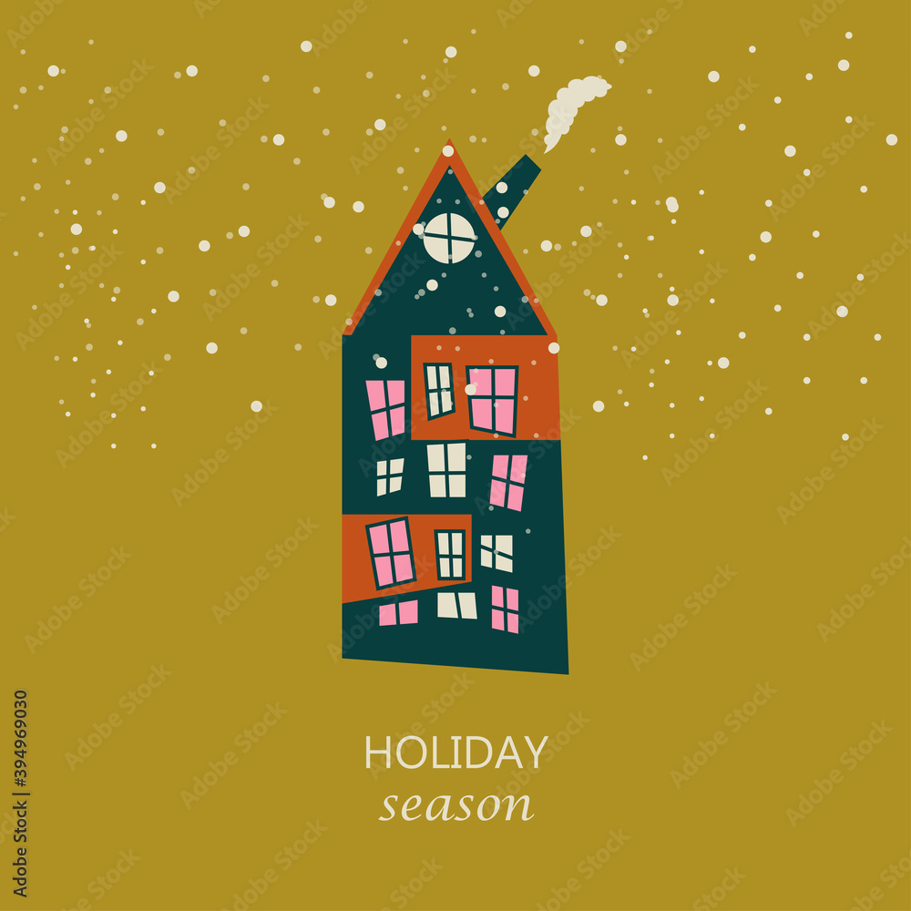 Holiday season, Christmas greeting card with cute house. Flat vector illustration.