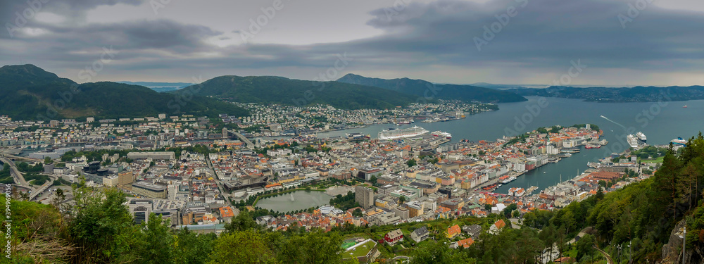 
panorama of the city Bergen, capital of the fjords norway, urban landscape from a natural park located on a mountain