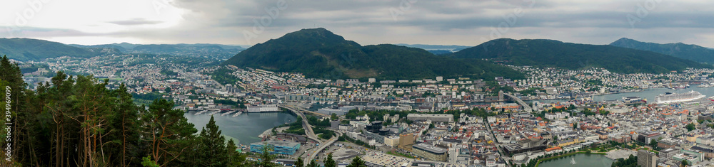 
panorama of the city Bergen, capital of the fjords norway, urban landscape from a natural park located on a mountain