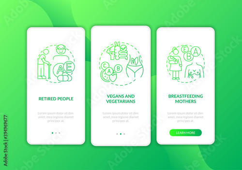 Who should take vitamins onboarding mobile app page screen with concepts. Retired people, breastfeeding women walkthrough 3 steps graphic instructions. UI vector template with RGB color illustrations