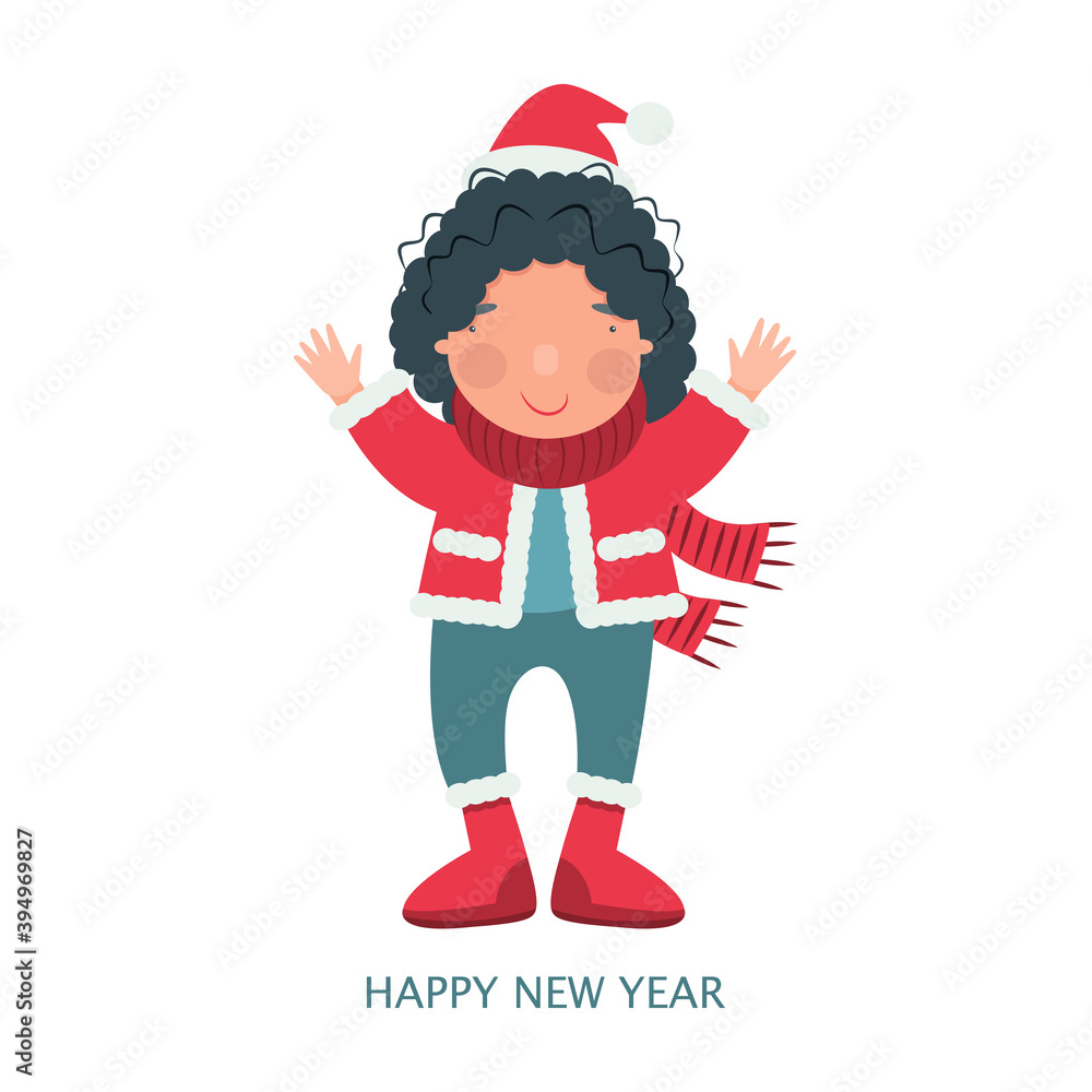 Cute girl enjoying winter. Christmas and New Year card. flat vector illustration
