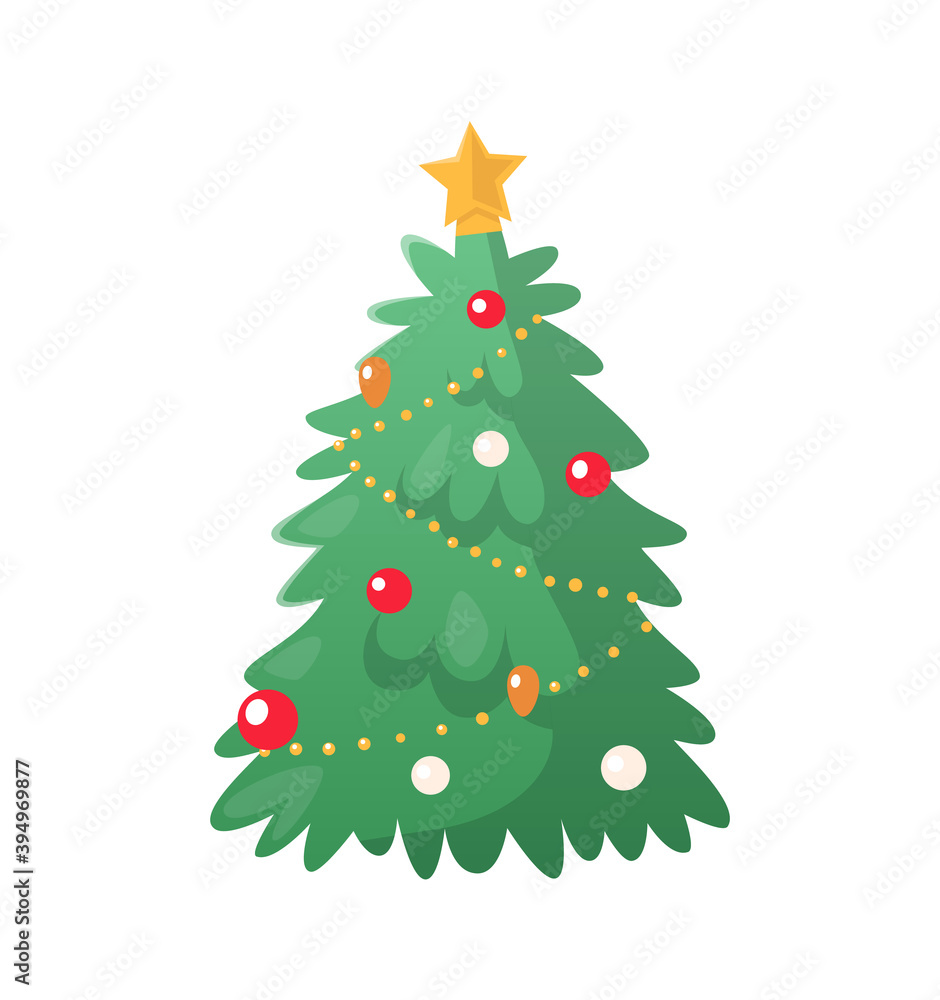 Christmas-tree decoration with colorful balls and star with gold chaplet. Single fir-tree in flat style isolated on white. Holiday greeting card vector