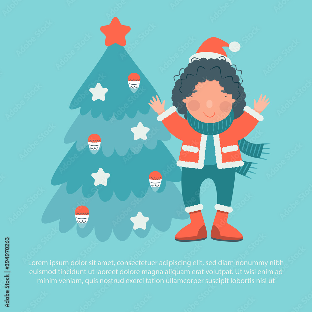 Cute girl enjoying winter. Christmas and New Year card. flat vector illustration Cute girl enjoying winter. Christmas and New Year card. flat vector illustration
