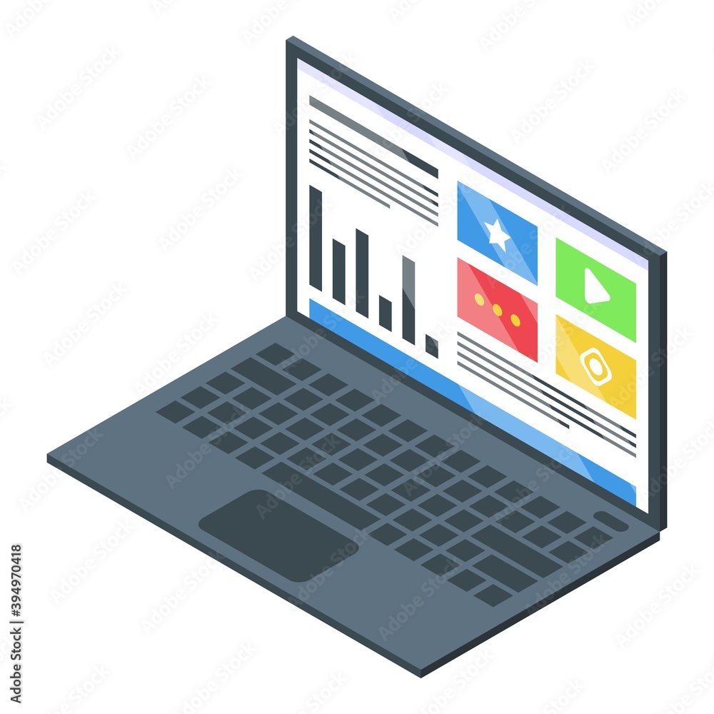 Laptop report chart icon. Isometric of laptop report chart vector icon for web design isolated on white background Laptop report chart icon. Isometric of laptop report chart vector icon for web design isolated on white background