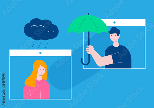 Man  comforts her sad friend in online messenger. Male supports female with psychological problems. Online therapy for people under stress and depression. Vector 
