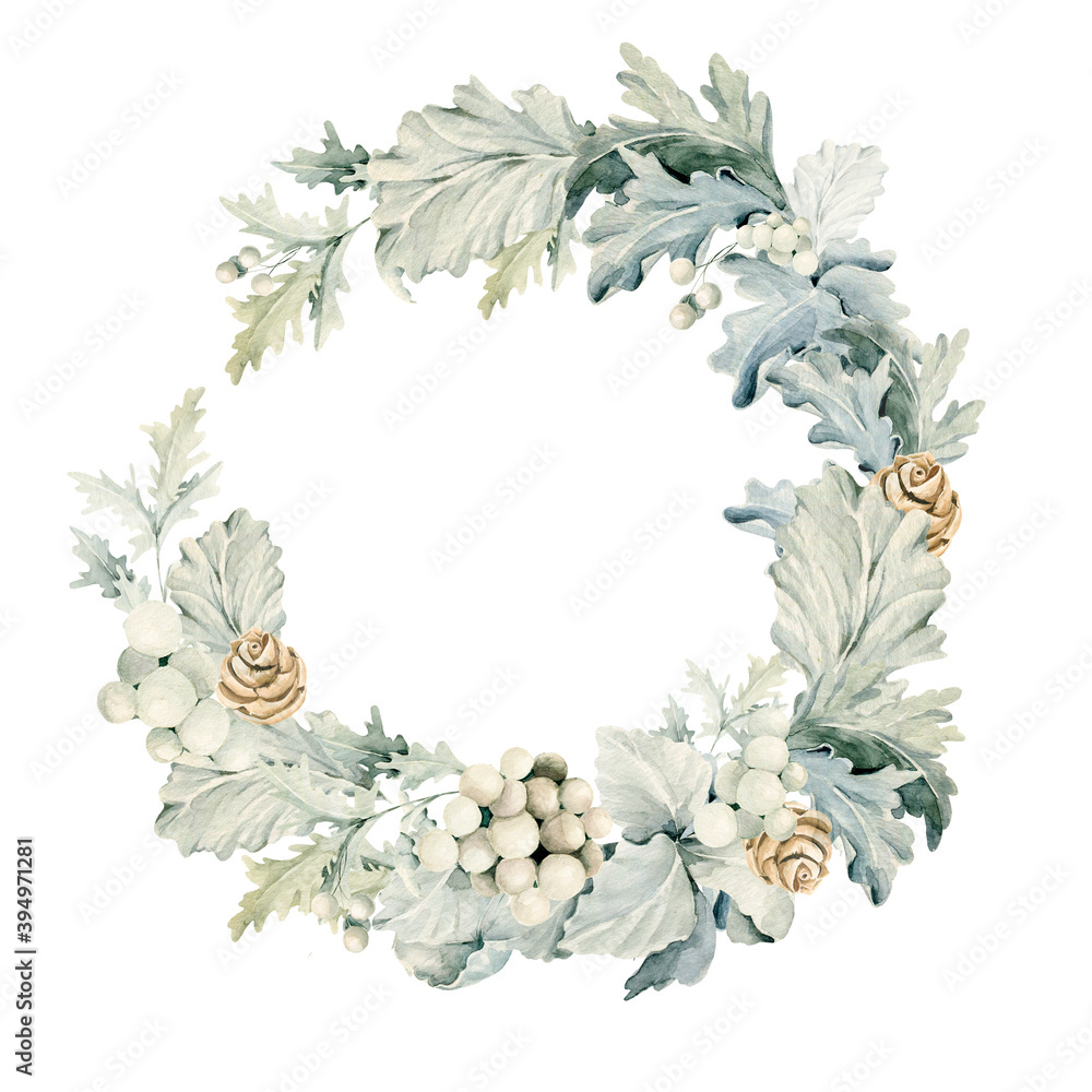 Fototapeta premium Watercolor christmas floral wreath. Hand painted winter frame of white and blue leaves, cones and berries isolated on white background. Botanical illustration for design, print or background